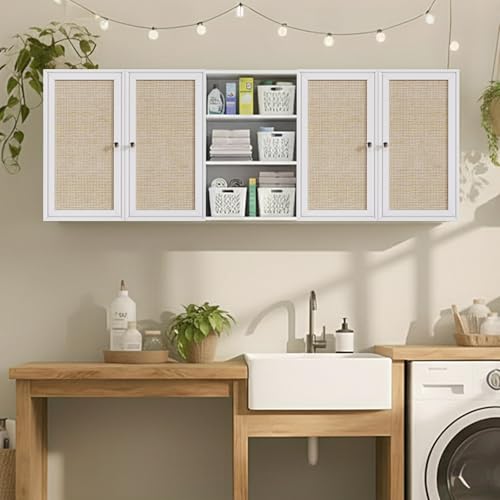 Image of Rattan Wall Cabinets for Laundry Room, 24 INCH Floating Wall Cabinets with 15.8 INCH Shelf for Bathroom, Hanging Wall Cabinet for Bedroom, Kitchen, Bathroom(3PCS, White)