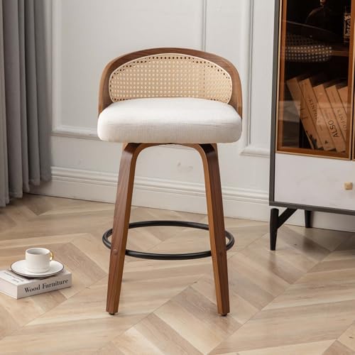 Image of 24.8 inch Swivel Rattan Bar Stools Mid-Century Modern Beige Linen Fabric Upholstered Counter Height Stools,Kitchen Island Barstools with Rattan Low Backrest,Walnut Wood Finish Bar Chair,1PCS