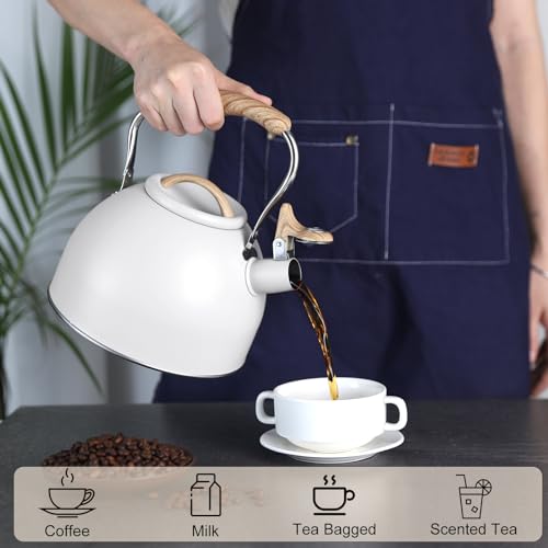 Tea Kettle, Vegoran 100 OZ / 3 Liter Whistling Tea Kettle, Tea Pots for Stove Top Food Grade Stainless Steel with Wood Pattern Folding Handle, Loud Whistle Kettle for Tea, Coffee, Milk (White)