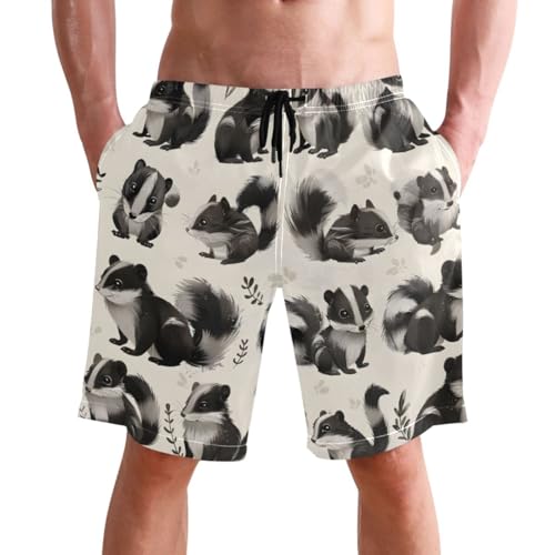Men's Swim Trunks Quick Dry Swimming Shorts with Pocket Cute Skunk Animals on Cream Swimsuit Trunks