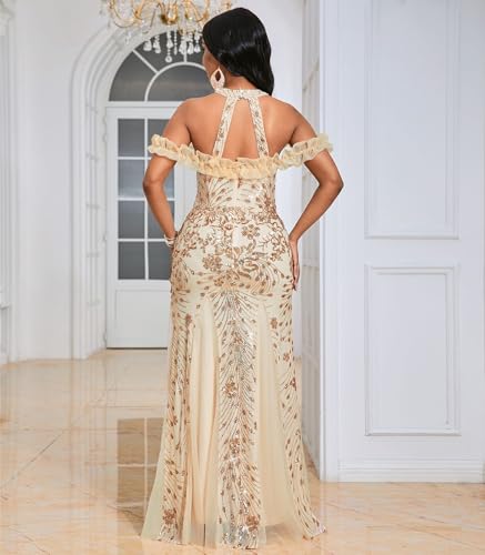 Image of Cololura Women Sexy Sequin Halter Neck Short Sleeve Mesh Perspective Party Bodycon Evening Cocktail Maxi Dress