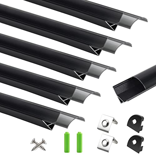 6-pack LED Aluminium Profiel, LED Aluminium Kanaal 3.3ft/1m Zwart V-Vorm LED Diffuser met Crystal Smoke Black Cover, Eindkappen en Montageclips Aluminium Extrusie voor LED Strip Lights V02