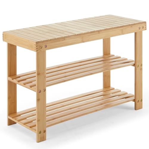 DUMOS Shoe Rack Bench with Storage 3-Tier Bamboo Entryway Benches Wooden Shoe Rack Holds Up to 286 lb Storage Organizer Suitable for Bedroom Living Room Balcony Classical Wood