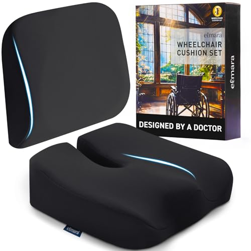Elmara Doctor-Designed Wheelchair Seat Cushion Set The Ultimate Comfort Solution Thick Wheelchair Cushions Relieve Back & Sciatica Pain Wheel Chair Cushions for Seniors Wheelchair Pad (Black)