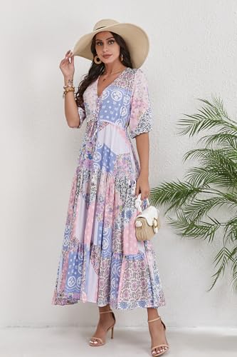 Image of Women Short Sleeve V Neck Floral Print Casual Bohemian Maxi Dresses