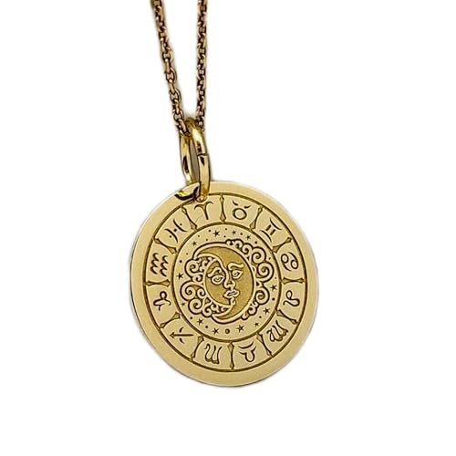 Collier pendentif pièce gravée signe astrologique céleste en argent plaqué or