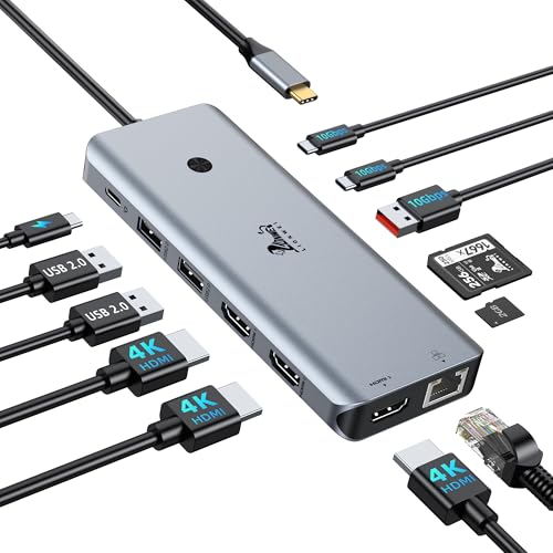 LIONWEI 12-in-1 USB C Docking Station Multiport Adapter Triple Monitor 3 HDMI 4K@60Hz 1000Mbps Ethernet 10Gbps USB 3.1 PD 100W SD/TF Screen On/Off Button for Laptop/Windows/macOS
