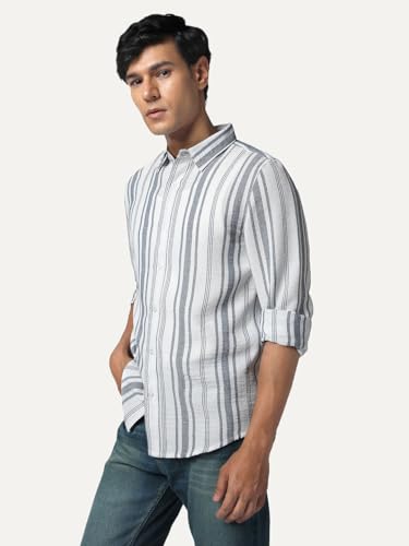 Image of Urbano Fashion Men's Cotton Full Sleeve Relaxed Fit Linen Striped Shirt with Spread Collar