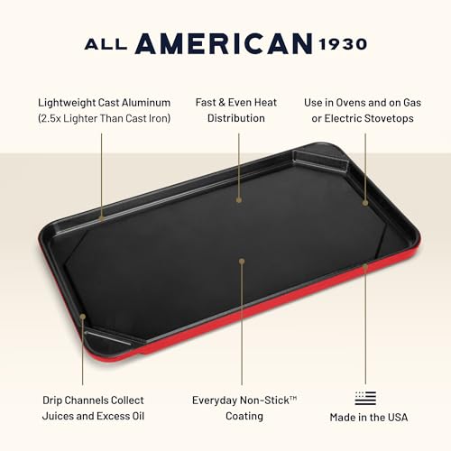 Image of All American 1930 - Ultimate Flat Griddle with Ceramic Non-Stick Coating - Tomato Red - Durable & PFAS Free - For Easy, Prep, Cooking, & Cleaning - Made in the USA