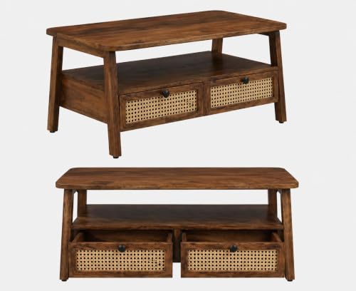 Image of Solid Wood Rectangular Small Cane Center Coffee Table with 2 Rattan Drawers Open Shelf Storage for Living Room | Tea Table Teapoy for Hall Outdoor Home Office Drawing Room Lounge Furniture | Honey