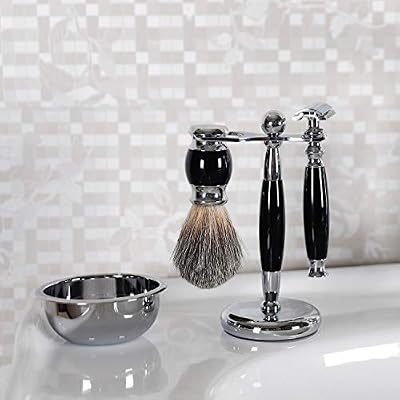 SANWA Deluxe Stainless Steel Shaving Brush Stand Holder for Razor & Brush - Extra Wide Openings, Weighted Base Black Handle