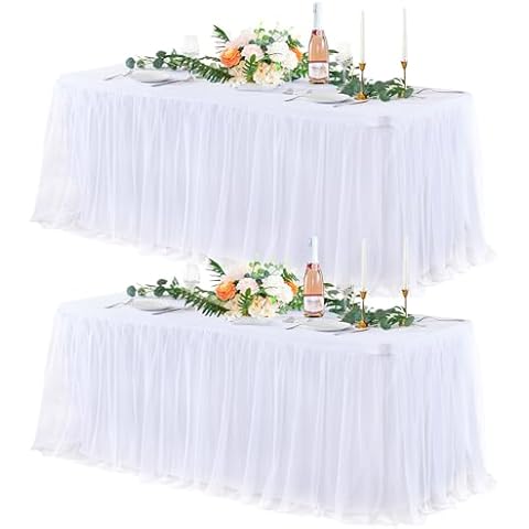Suppromo 2 Pack White Tulle Tablecloths for 6 Foot Rectangular Tables, 6ft White Tulle Table Skirt, Wrinkle Free Table Cover with Tutu Skirt for Wedding Bridal Shower Birthday Party Banquet Cover