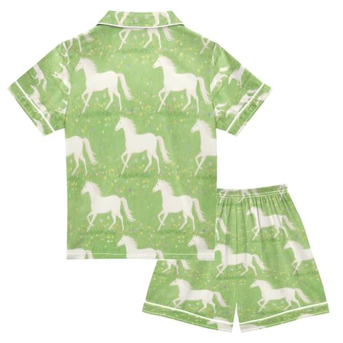 Satin Pajama Sets Short Sleeve White Horses on Green Background Button Down Silky Nightwear 2 Piece PJS 5-14Y2
