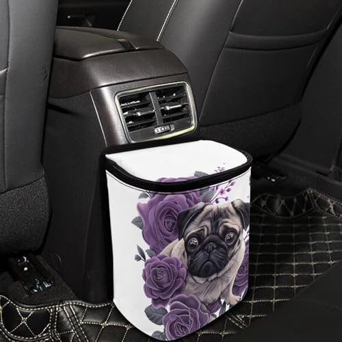 Image of Talayituse Pug Dog Butterfly Flower Print Car Trash Can, Portable Auto Garbage Bin Multifunctional Vehicle Interior Accessories with Adjustable Straps Universal Fit Truck SUV Sedan