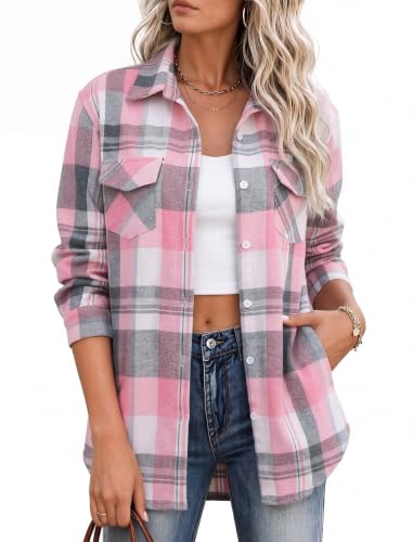 Image of Zeagoo Flannel Shirt Women Plaid Button Down Shackets Long Sleeve Fall Tops | Cotton Brushed Flannel Shirts Lightweight Loose Fit Blouse Business Casual Office Outfits 2026 Fashion Summer Western Clothes