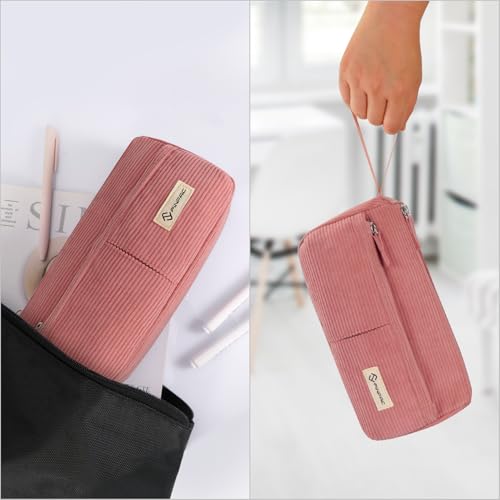 Image of FINPAC Pencil Case, Corduroy Triangle Makeup Bag, Kawaii Pen Bag Pouch Holder Box Organize for Study, Office, or Travel, Pink