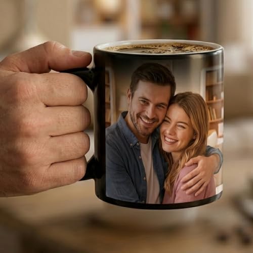 Image of KivStar Secret Reveal Personalized Photo Magic Mug - Custom Name & Quote - Black Ceramic Color Changing Mug (325ml) for Birthday, Anniversary, Valentine's Gift.