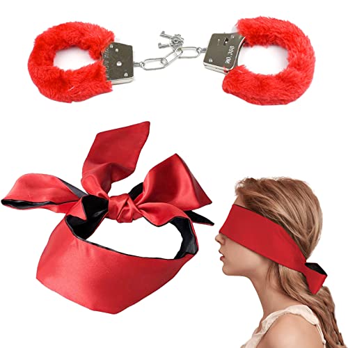 Metal Handcuffs with 2 Keys Satin Blindfold Fluffy Handcuffs Play Cosplay Costume Props for Cosplay Handcuffs Prop Dress Ball Party (Red) (Red)