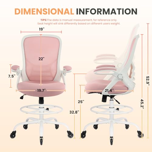 Image of HYLONE Drafting Chair Tall Office, Ergonomic Standing Desk Stool Adjustable Big and Tall Drafting Office Chair with Flip-Up Armrests, Mesh, Pink