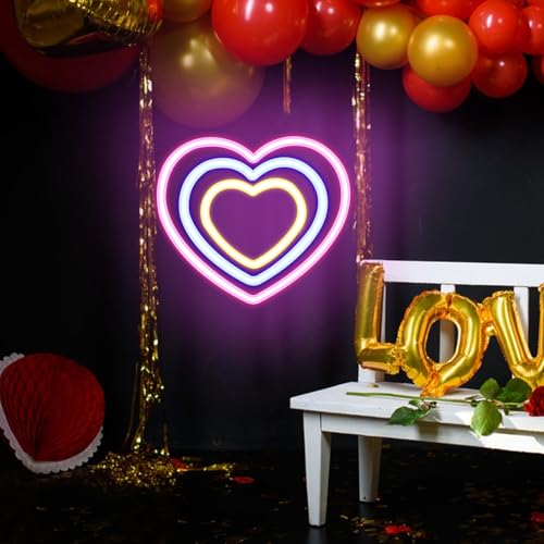 Image of Three-colour Heart Neon Signs for Wall Decor Colourful Led Neon Signs for Bedroom Wall Neon Lights for Home Party Wedding Bachelorette Parties Marriage Proposals Birthday Parties Christmas Decorations