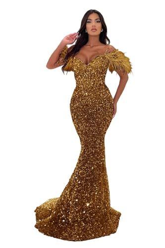 Image of Sequin Feathers Mermaid Prom Dresses 2026 Off Shoulder Sparkly Long Formal Evening Party Gowns with Train