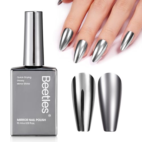 Beetles Silver Nail Polish Metallic- Chrome Glint 15ML Quick Dry Silver Chrome Nail Polish Mirror Effect High Glossy Spring Nails Art Manicure Home DIY Gift for Women