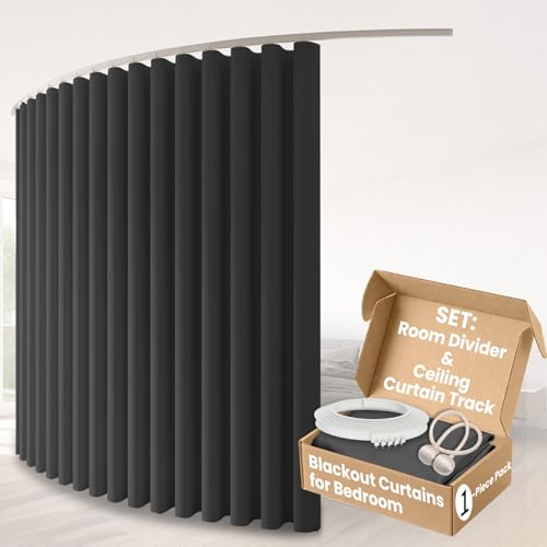 Image of Room Divider Curtains & Flexible Bendable Tracks Set,Privacy Dividers Ceiling Track Curtain Window Blackout Curtains for Living Room Bedroom (W100 x H106 in 1 Panel Grey Drape & White Rail)