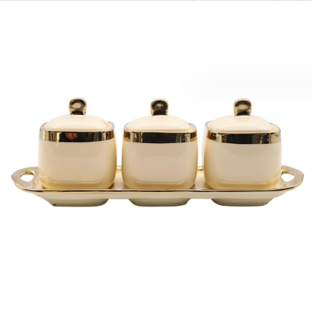SAeWare Tarro de condimentos, contenedor de especias de cerámica, tarro de condimentos, salero, botella de condimentos, tarro de azúcar, caja de condimentos, encimera de cocina, beige, 3 piezas