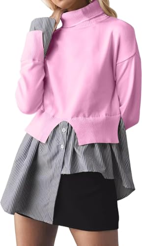 Image of Turtleneck Asymmetrical Sweaters for Women Patchwork 2 in 1 Pullover Knit Sweater Slit Button Down Shirt 2026 Fall