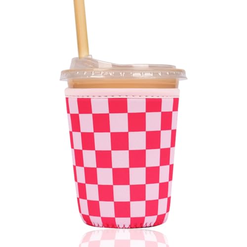 Image of Reusable Insulated Sleeve for Iced Coffee Cup, Coffee Neoprene Sleeve for Cold & Hot Drinks, Beverage Holder for Iced Coffee (Pink Grid, Small: 16-18oz)