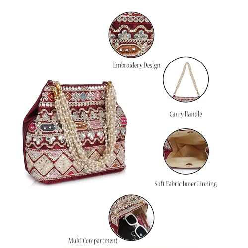 Image of PLANX Velvet SilK Stylish Embroidery Unique Design Traditional Ethnic Wedding Party Handheld Potli For Women