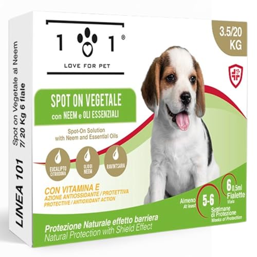 Antiparassitario Cani contro Pulci, Zecche e Zanzare Naturale 6 Fiale da 0,5ml Antipulci per Cani Taglia Piccola e Cuccioli con Olio di Neem Lunga Durata