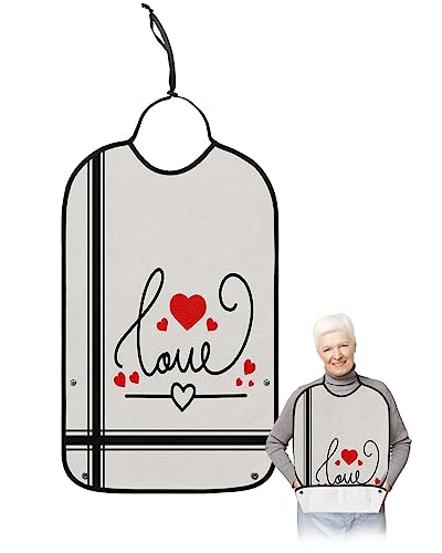 Valentines Adult Bibs for Eating, Waterproof Bibs with Food Catcher & Adjustable Snap Closure, Red Love Heart Vintage Black Striped Washable Clothing Protectors Adult Bibs for Elderly Women/Men