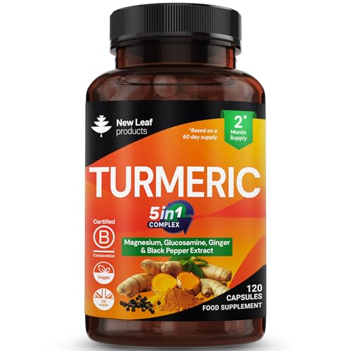 Turmeric 5-in-1 Complex - 5000mg Turmeric Capsules High Strength Enriched with Magnesium & Glucosamine Sulphate - Added Ginger Capsules + Black Pepper 95% Curcumin Supplement - Vegan Supplement