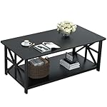 GreenForest Coffee Table with Round Corner, Farmhouse Center Table with 2-Tier Storage Shelf X-Frame Design for Living Room, 39 inch Black