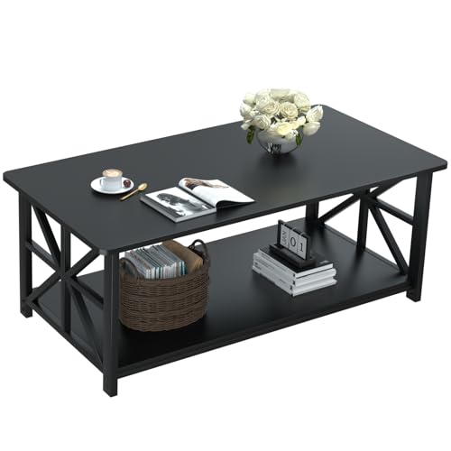 GreenForest Coffee Table with Round Corner, Farmhouse Center Table with 2-Tier Storage Shelf X-Frame Design for Living Room, 39 inch Black