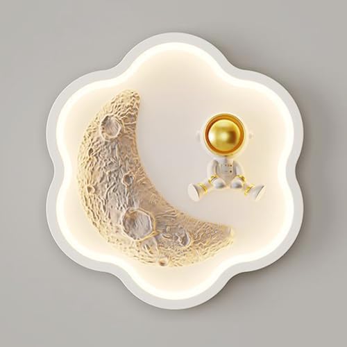Mjsdjof Kid’s Wall Light with 3 Color Mode (3000K Warm/4000K Natural/6000K Cool), Moon and Astronaut Night Light, LED Wall Sconce for Bedroom Bedside, Nursery - White Modern Decorative Lighting