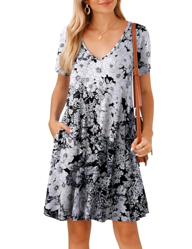 Image of JollieLovin Women T Shirt Plus Size Summer Swing Dresses Short Sleeve V Neck Loose Casual Dress(L-5X)