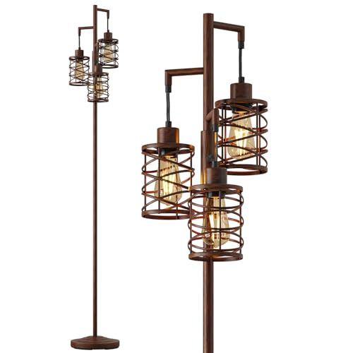 Image of Oneach 70 inch Industrial Floor Lamp, Stepless Dimmable Standing Lamp with 3 Bulbs, Farmhouse Corner Standing Tree Lamp for Living Room, Tall Lamps for Bedroom, Office, Study Room, Dining Room