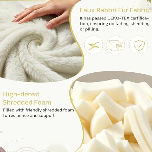 Image of 24 Inches Memory Foam Bean Bag Chair - Ultra Soft Faux Rabbit Fur Round Sofa with Handle & Machine Washable Cover, Eggplant-Shaped Kids Reading Chair for Bedroom, Living Room and Playroom, Beige