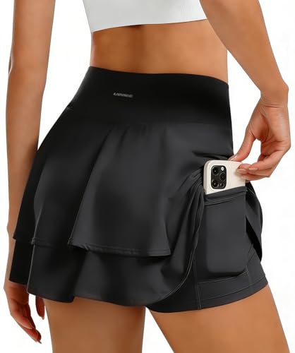 Tmeefee Pleated Tennis Skirts for Women: Golf Skort with 2 Pockets Shorts Underneath Womens Mini Double Flowy Ruffle High Waisted Skorts Pickleball Athletic Active Workout Running Yoga Gym Sports