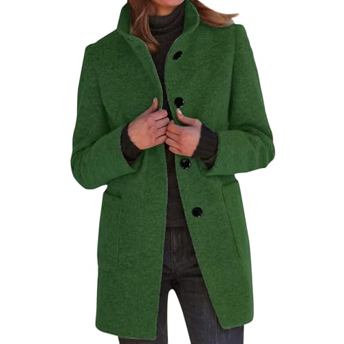 Wollmantel Damen Winter Mantel Lang Wintermantel Elegante Damenmantel Casual Tweed Übergangsjacke Einfarbig Freizeitjacke Stehkragen Jacke Mit Knöpfen Winterjacke Frauen Mit Taschen Wolljacke