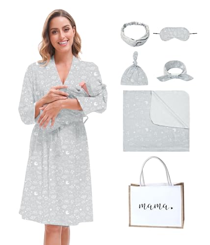 Image of MORFORU Maternity Robe and Baby Swaddle Blanket Set, Mommy Delivery Robe Baby Blanket Hairband Hat Hairtie Hospital Bag
