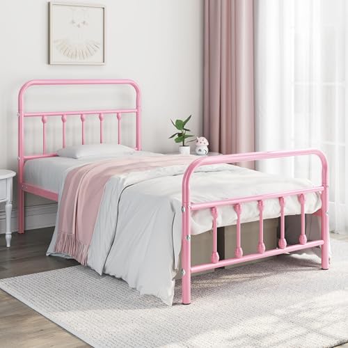Yaheetech Classic Metal Platform Bed Frame Mattress Foundation with Victorian Style Iron-Art Headboard/Footboard/Under Bed Storage/No Box Spring Needed/Twin Size Pink
