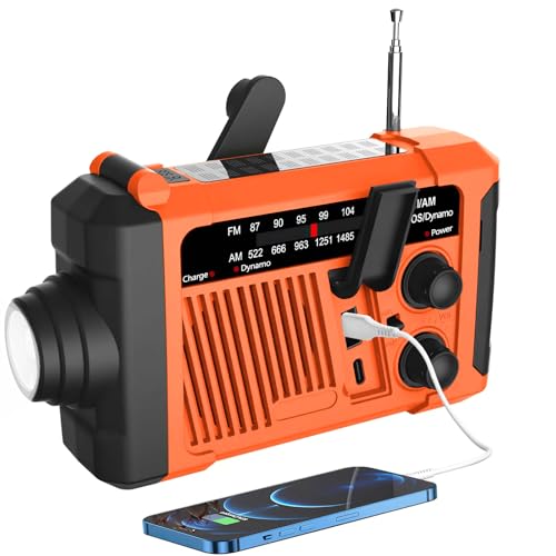 Radio de Emergencia Am/FM Radio Solar de grieta de Mano Alarma SOS operada por batería y Linterna de Emergencia (Naranja)