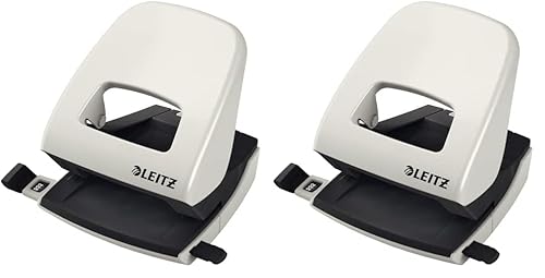 Leitz Büro Locher aus Metall, Für 30 Blatt, Anschlagschiene mit Formatangaben, Ergonomisches Design, grau, 50080085 (Packung mit 2)