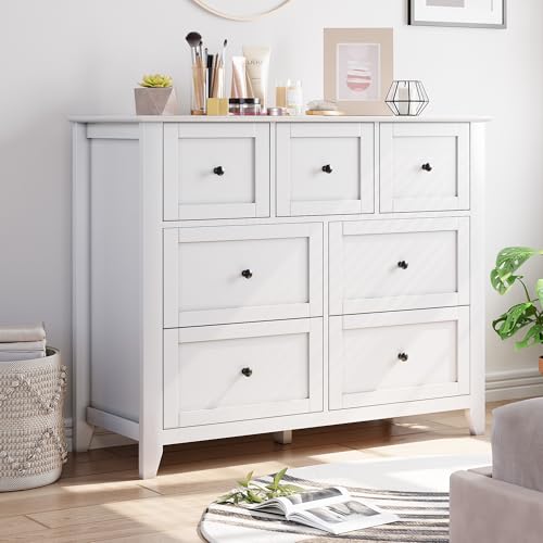 GarveeHome White 7 Chest of Drawer Dresser, Modern Storage Cabinet, Wood Organizer TV Stand for 48 inch TV, Bedroom, Living Room, Entryway