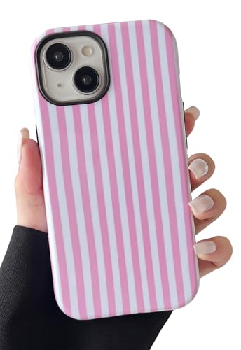 Longlayss Compatible with iPhone 13/14 Case Cute Aesthetic Striped Phone Case for Women Girl Shockproof Slim TPU and Hard PC Protective Cover (Pink)