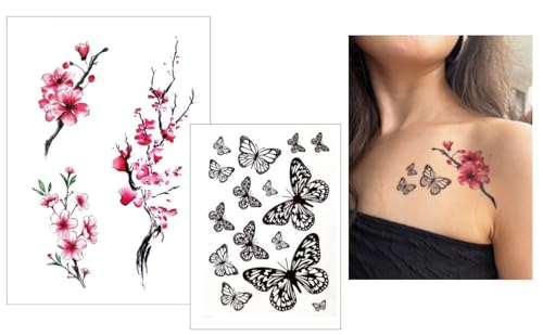 2 feuilles de tatouage temporaire japonais en fleurs de cerisier - Tatouage papillon - Tatouage japonais - Faux tatouage HB744X Cp03