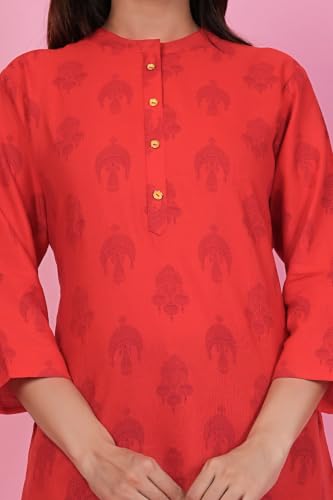 Image of Women's Red Printed Short Kurti Top with 3 /4 Sleeves